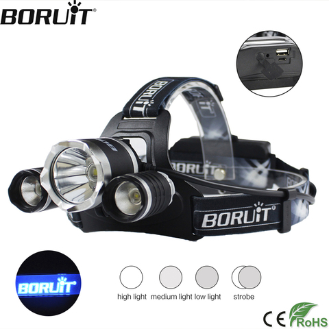 BORUiT B21 3000LM XPE XM-L2 LED Headlamp 4-Mode USB Charger Headlight Power Bank Head Torch Camping Hunting Flashlight ► Photo 1/1