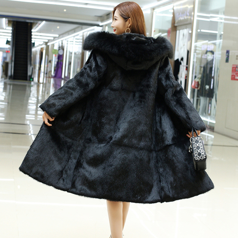 Hooded Female Pure 100% True Genuine Rabbit Fur Coat with Fur Hood and Luxury Natural Fox Fur Collar Customize Plus Size sr323 ► Photo 1/6