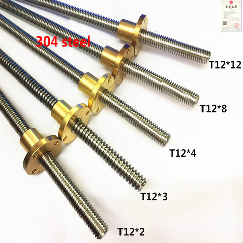 1pc 100 150 200 250 300 350 400 450 500 550mm 304 T12 2 3 4 8 10 12 stainless steel Trapezoidal screw lead screw with brass nut ► Photo 1/1