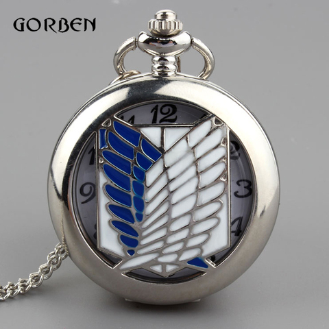 Retro Anime Hollow Pocket Watch Creative Wing Sliver necklace chain Quartz Clock Attack On Titan men women watches Gifts ► Photo 1/6