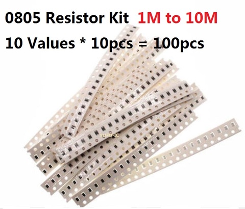 10 Values * 10pcs=100pcs SMD 0805 Resistor kit 1m- 10M 5% Resistance Assorted kit set  1.2M 1.5M 2M 2.2M 3M 3.3M 4.7M chips pack ► Photo 1/1