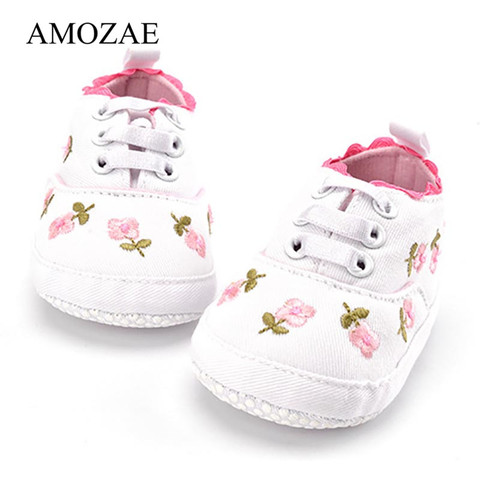 Baby Girls Shoes White Pink Floral Embroidered Soft Soles Shoes Prewalker Walking Toddler Casual Kids Shoes For Dropshipping ► Photo 1/6
