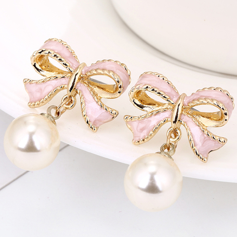 Hot Fashion Cute Pink Bow Earrings Imitation Pearl Earrings Upscale Wedding For Women Girls Party Jewelry Gifts New E8972022 ► Photo 1/5
