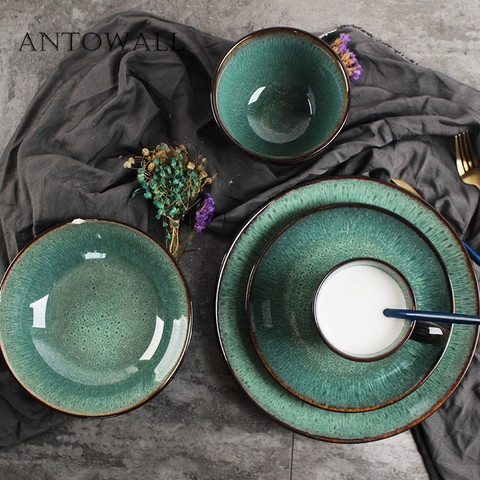 ANTOWALL European style simple peacock pattern dinnerware set kiln glazed dish ceramic soup salad bowl steak plate disc mug ► Photo 1/5