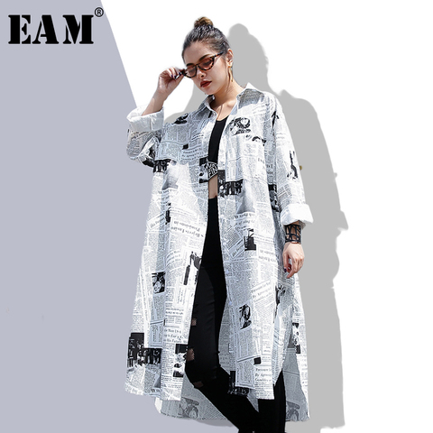 [EAM] 2022new Spring Autumn  Lapel Long Sleeve White Printed Loose Irregular Big Size Long Shirt Women Blouse Fashion Tide JF008 ► Photo 1/6