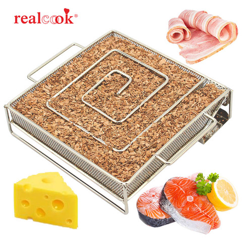 Realcook 7.08 inch Square Smoke Generator Box Charcoal Barbecue Cold Smoker BBQ Wood Chips Meshes For Meat Salmon Smoking Tools ► Photo 1/6