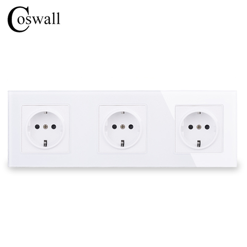 COSWALL Wall Crystal Glass Panel 3 Gang Power Socket Plug Grounded 16A EU Standard Electrical Triple Outlet White Black Grey ► Photo 1/5