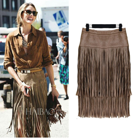 Fashion Vintage Skirts 2022 New Heavy Hierarchical High Waist Straight Leather Skirt Fringed Suede Tassel Saias Skirts Womens ► Photo 1/3
