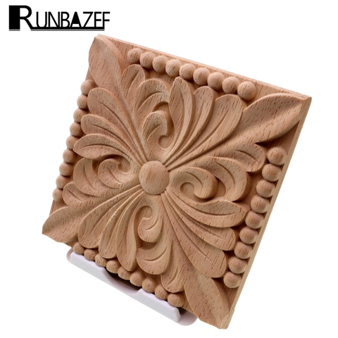 RUNBAZEF Natural Wood Appliques Square Flower Carving Decals Decorative Wooden Mouldings for Cabinet Door Furniture Decor Craft ► Photo 1/6