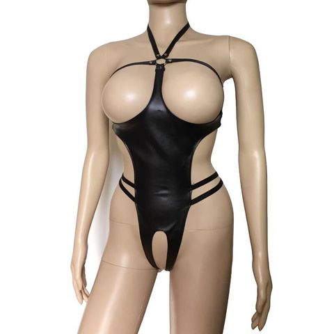 Sexy Women Faux Leather Open Cup Body Harness Teddies Crotchless Bikini Back Bodysuit Mistress Fetish Costume ► Photo 1/3