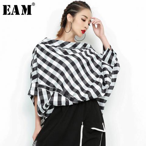 [EAM] 2022 New Spring Summer  Slash Neck Three-quarter Sleeve Plaid Split Joint Loose Big Size Shirt Women Bouse Fashion  JF938 ► Photo 1/6