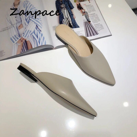 2022 Summer Outside Slippers Women Pointed Top Fashion Low Heels Shoes Plus Size 40 Mules Slip on Leather Flats Woman Slides ► Photo 1/6