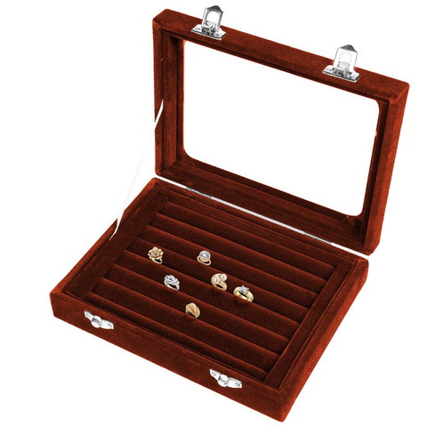 Brown 7 Slots Velvet Display Case Box Earring Ring Organizer Jewelry Tray Cufflink Storage Showcase with Clear Glass Lid ► Photo 1/6