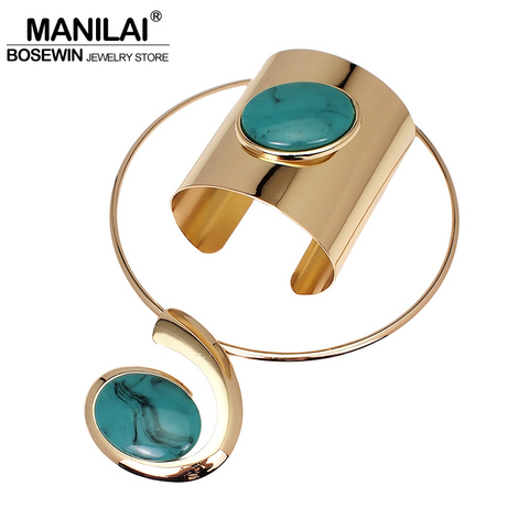 MANILAI Big Oval Resin Set Jewelry Metal Torques Cuff Bracelet Bangles Necklace Women Alloy Statement Necklaces Party Sets ► Photo 1/6