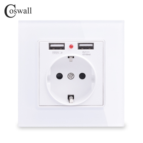 Coswall Glass Panel Dual USB Charge Port 2.1A 16A Russia Spain EU Standard Wall Socket Grounded White Black Gold Grey Gray ► Photo 1/5