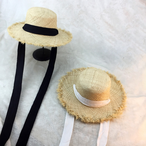 Summer Women Beach Raffia Black White Ribbon Hat Bow Raffia Hat Temperament Flat Cap Straw Hats Women's Seaside Hat ► Photo 1/6