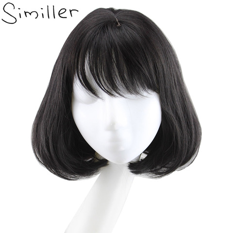 Similler Women Synthetic Bob Wig With Flat Bangs Black Brown Short Curly Hair Cosplay ► Photo 1/5