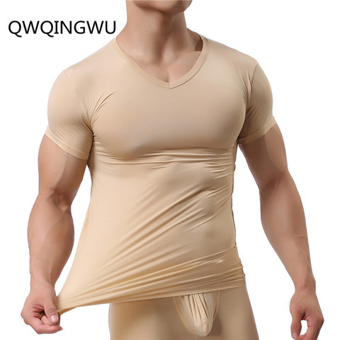Man Undershirt Ice Silk Spandex Sheer T Shirts Male Nylon V-neck Short Sleeves Tops Ultra-thin Cool Thermal Sleepwear Undershirt ► Photo 1/6