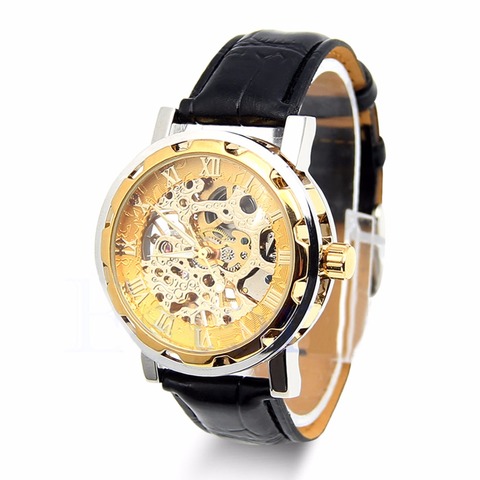 Classic Mens Mechanical Watch Black Leather Gold Dial Skeleton Army Sport Wristwatch Cool Relogio ► Photo 1/5