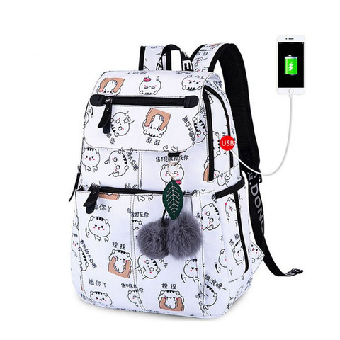 FengDong female fashion school backpack usb school bags for girls white backpack plusch ball teenage girl schoolbag mochila ► Photo 1/6