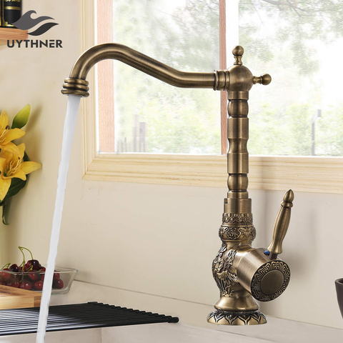 Uythner Kitchen Sink Faucets Retro Brass Antique Bronze Single Handle Kitchen Basin Faucets Deck Mounted Hot&Cold Water Mix Tap ► Photo 1/5