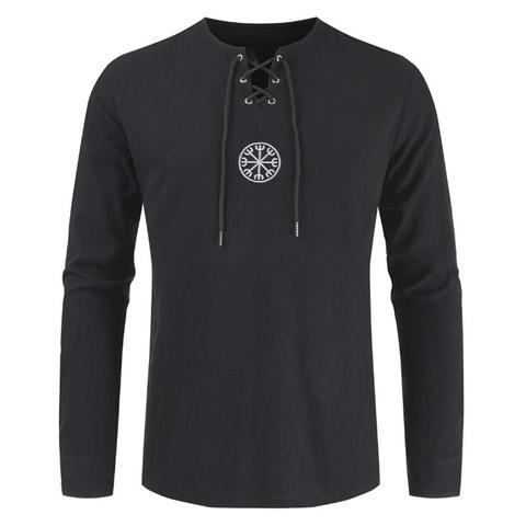 2022 New Unique Design Vintage Style Men Plus Size Ancient Viking Embroidery Lace Up V Neck Long Sleeve T-Shirt Top trendy ► Photo 1/6