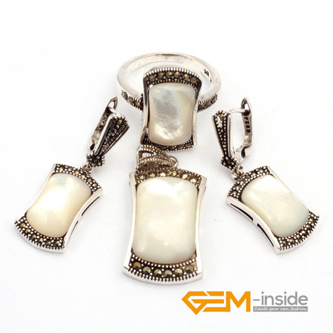 Jewelry Sets White Shell Rectangle Antiqued Tibetan Silver Ring Earrings Pendant Fashion Jewelry Set For Party Women Gifts ► Photo 1/6
