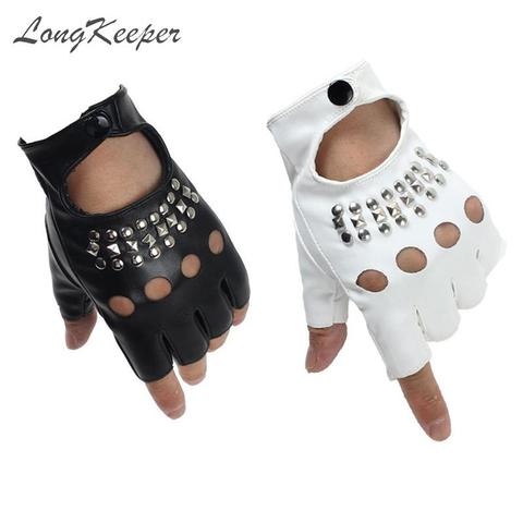 2022 Fashion Half Finger Gloves Women PU Leather Fingerless Driving Gloves Rivet Hollow Dancing Guante For Men Black white Luvas ► Photo 1/6