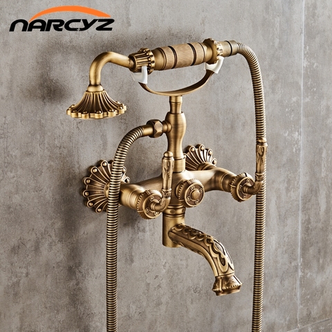Luxury Antique Brass Bathroom Faucet  Mixer Tap Wall Mounted Hand Held Shower Head Kit Shower Faucet Sets XT334 ► Photo 1/6