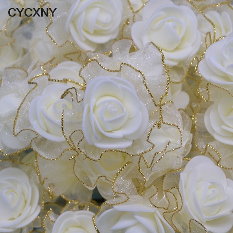 50pcs 4cm Gold Lace White Roses Artificial Rose Flowers DIY Scrapbooking Craft Gift Accessories Wreath Home Wedding Decor ► Photo 1/5