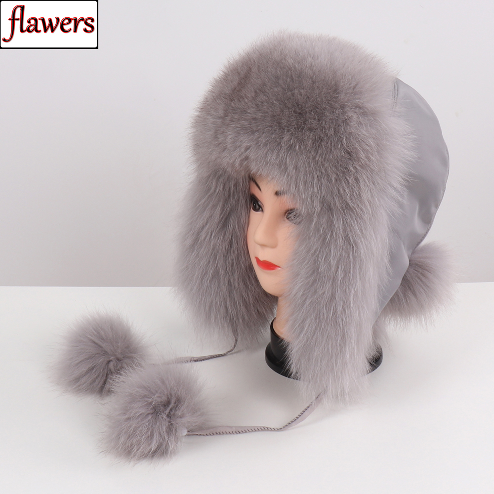 Real Silver Fox Fur Hat Russian Ushanka Hats Winter Aviator trapper Bomber Cap