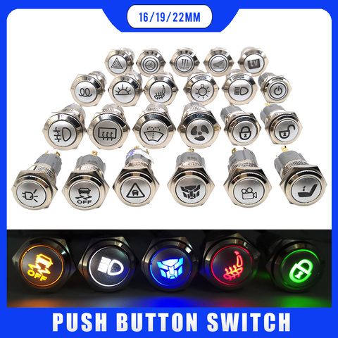 LED switch 12v Waterproof Metal push button switch 16mm 19mm 22mm  symbol customized Rear Defrost high beam Windshield washing ► Photo 1/4