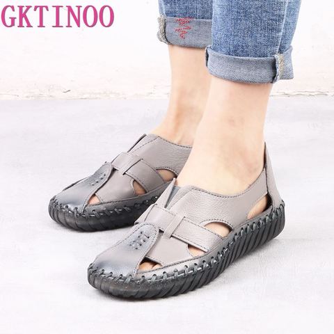 GKTINOO Women's Sandals 2022 Summer Genuine Leather Handmade Ladies Shoe Leather Sandals Women Flats Retro Style Mother Shoes ► Photo 1/6