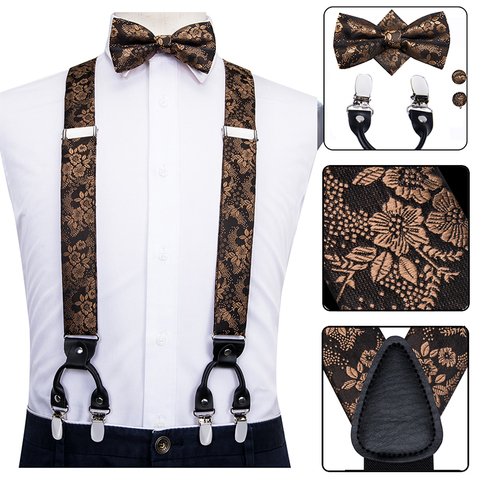 Hi-Tie Silk Adult Men's suspenders Set Leather Metal 6 Clips Braces Gold Brown Floral Vintage Men Fashion Wedding Suspenders Men ► Photo 1/6