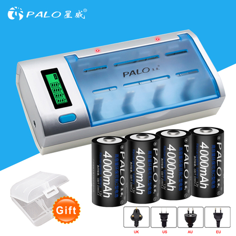 PALO LCD display battery charger for AA/AAA/SC/C/D/9V battery + 4 pcs nimh 4000 mah rechargeable C battery ► Photo 1/6