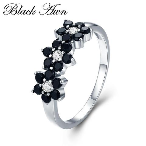 Cute 2.1g 925 Sterling Silver Fine Jewelry Flower Bague Black Spinel Wedding Rings for Women Girl Party Gift C464 ► Photo 1/6