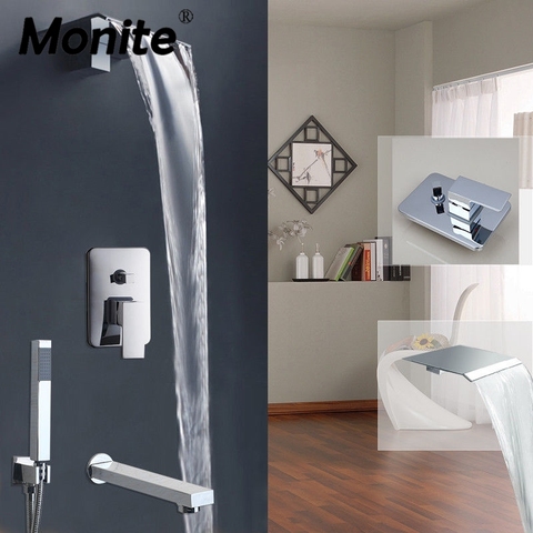 Monite Waterfall Shower Faucet Chrome Finish Modern Wall Mounted Shower Set Solid Brass Bathroom Shower sets ► Photo 1/6