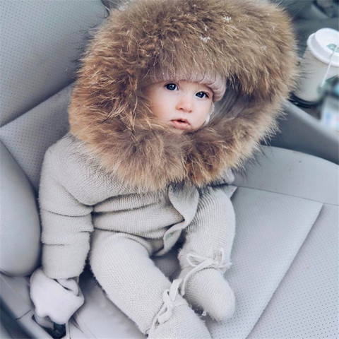 Baby Boys Girls Rompers Infant Winter Clothes Newborn Baby Knitted Sweater Jumpsuit Fur Hooded Kid Toddler Outerwear ► Photo 1/6