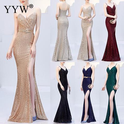 Sexy Sequined Evening Dress Robe De Soiree 2022 V-Neck Sleeveless Backless Mermaid Long Robe Side Slit Off Shoulder Party Dress ► Photo 1/6