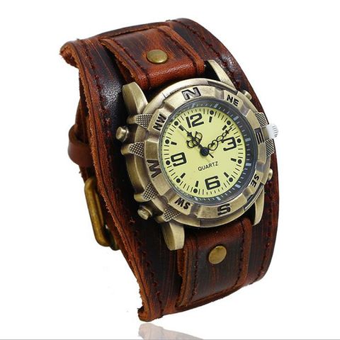 Vintage Retro Big Wide Genuine Leather Strap Watch Men Punk  Quartz Cuff Watch Wristwatches Bracelet Bangle relogio masculino ► Photo 1/6
