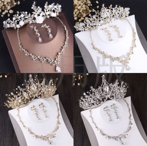 high-end gold white tiara necklace earrings jewelry sets bride