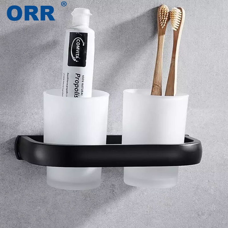 Double Glass Holder Wall Mount for Toothpaste Tooth Brush Bathroom Lavatory 