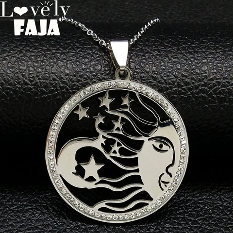 Astrology Medallion Celestial Moon Star Sun Stainless Steel Necklaces Women Silver Color Crystal Chain Necklaces Jewelry N18261 ► Photo 1/6