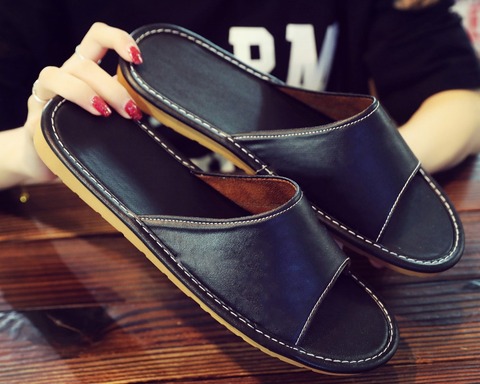 Leather Slippers Men and Women Couple Home Non-slip Waterproof Breathable Scalp Slippers Summer Home Casual Shoes ► Photo 1/6