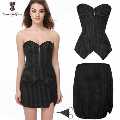 Black Pinstripe Strapless Corset Dress Suit Gothic Women Zipper Korse Sexy Outfit Korset Plus Size Overbust Korselet Office Lady ► Photo 1/6