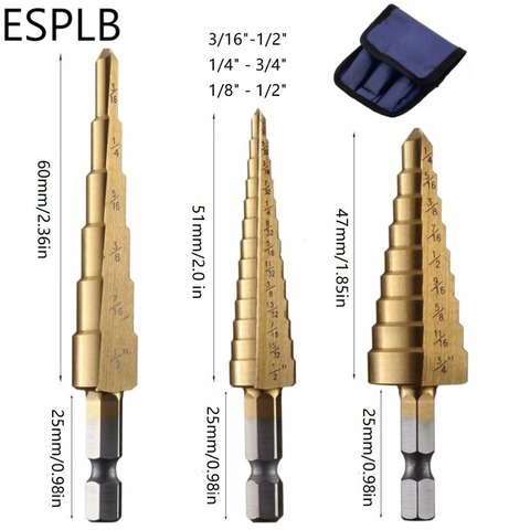 ESPLB 3pcs High Speed Steel HSS Titanium Step Drill Bit Set Quick-change 1/4