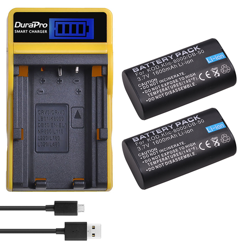DuraPro 2PC 1600mAH KLIC-8000 KLIC 8000 DB-50 Li-ion Battery + LCD USB Charger for KODAK Z612 Z712 Z812 IS Z1085 Digital Cameras ► Photo 1/6