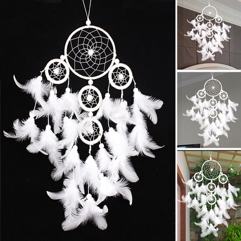 Newly Big Dreamcatcher Wind Chime White Feather Dream Catcher Car Hanging Decoration 5 Circular Home Decor Gift ► Photo 1/6