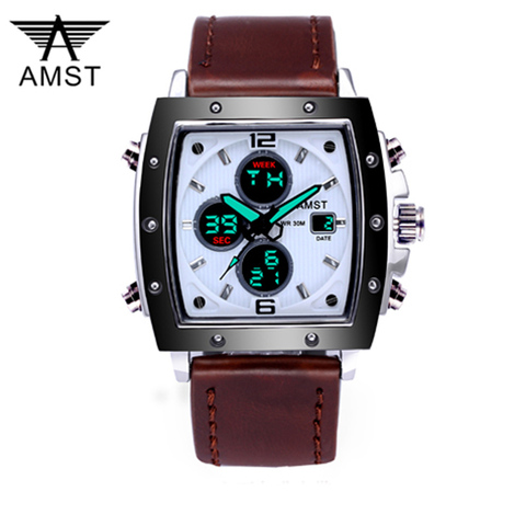 Fashion Amst Mens Watches Rectangle Militray Sport Quartz Dual Display Men Watch Waterproof Male Wristwatches Relogio Masculino ► Photo 1/6