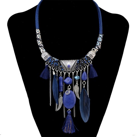Tribal Bohemian Ethnic Feather Resin Beads Cotton Thread Tassel Pendant Bib Statement Necklace Women Gypsy Jewelry joyeria ► Photo 1/6